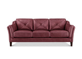 A three-seat sofa upholstered in deep burgundy leather with diamond tufting on the back cushions, shown from a front-facing angle against a plain white background.