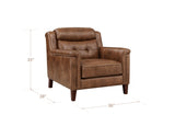 Brown leather armchair with dimension lines showing height, width, and depth measurements on a white background.