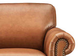 Close-up of a brown leather armchair with studded detail on a white background