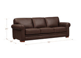Brown leather sofa with dimensions on a white background