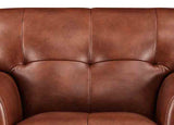 Brown leather sofa with a close-up view of the seat and backrest.