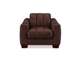 A dark brown upholstered armchair with a segmented backrest and square arms, shown from the front on a plain white background.