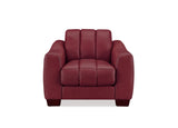 A modern armchair upholstered in deep burgundy leather, featuring a segmented backrest and square arms, shown against a plain white background.