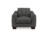 A dark gray upholstered armchair with segmented back cushions and square arms, shown from the front on a plain white background.