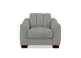 A light gray upholstered armchair with a segmented backrest and dark reddish-brown wooden legs, shown against a plain white background.