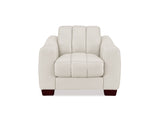A modern upholstered armchair in off-white fabric with segmented back cushions and dark reddish-brown wooden feet, shown against a plain white background.
