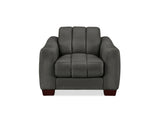 A dark gray upholstered armchair with a segmented backrest and square arms, shown against a plain white background.