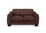 A dark brown leather loveseat sofa with vertical channel tufting on the backrest and seat cushions, shown against a plain white background.