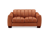 A two-seater loveseat sofa upholstered in warm cognac brown leather with vertical channel tufting on the backrest and seat, shown against a plain white background.