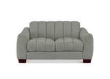 A light gray upholstered loveseat with vertical channel tufting on the backrest and seat, shown from the front on a plain white background.