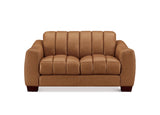 A two-seater loveseat sofa upholstered in warm tan leather with vertical channel tufting on the backrest and seat cushions, shown against a plain white background.