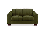 An olive green upholstered loveseat with vertical channel tufting on the backrest and seat cushions, shown against a plain white background.