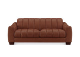 A brown leather loveseat sofa with a vertical channel-tufted backrest and channel-tufted seat cushions, shown from a front-facing perspective on a solid white background.