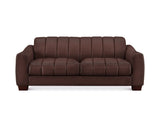 A dark brown leather loveseat sofa with vertical channel tufting on the backrest and seat cushions, shown from a front-facing perspective against a plain white background.