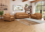 Modern living room with brown leather sofa set and bookshelf.