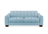 A light blue upholstered loveseat sofa with vertical channel tufting on the backrest and seat, shown from the front against a plain white background.
