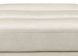 Close-up of a beige leather bag with visible stitching on a white background