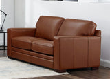 Brown leather sofa in a room with a lamp and rug.