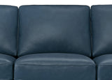 Close-up of a blue leather sofa
