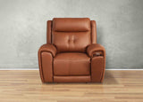 Brown leather recliner chair against a gray wall.