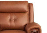 Close-up of a brown leather armchair with a glass on a white background