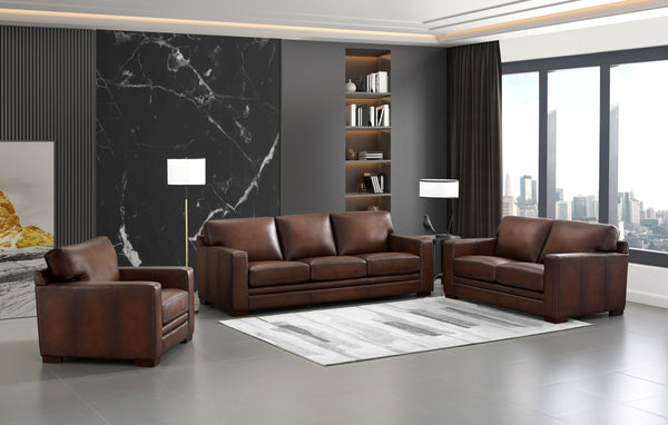 Dillon Caramel Brown leather sofa collection in a modern living room.