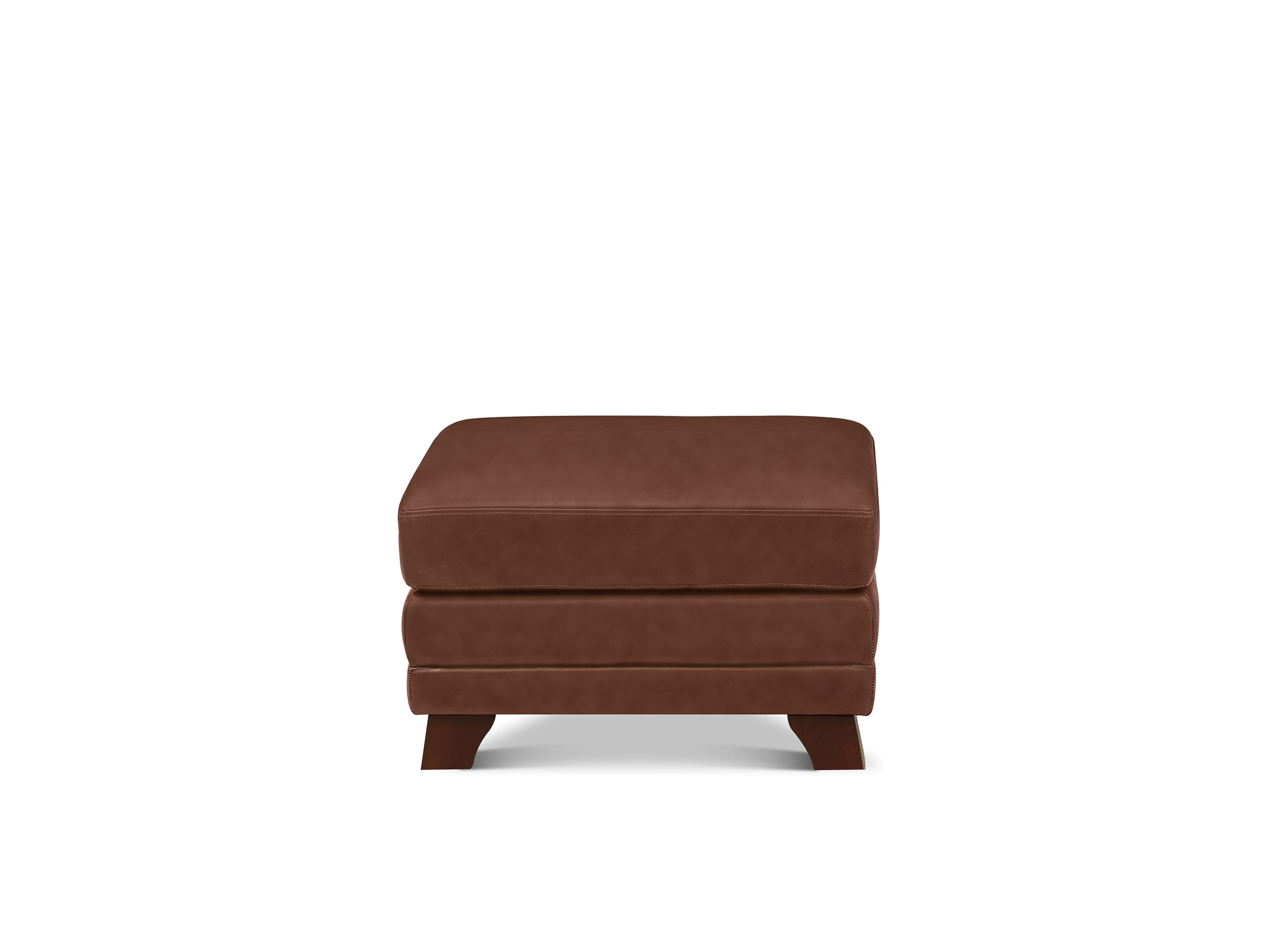 A brown upholstered ottoman with a two-tiered design and short dark wooden legs, shown against a plain white background.