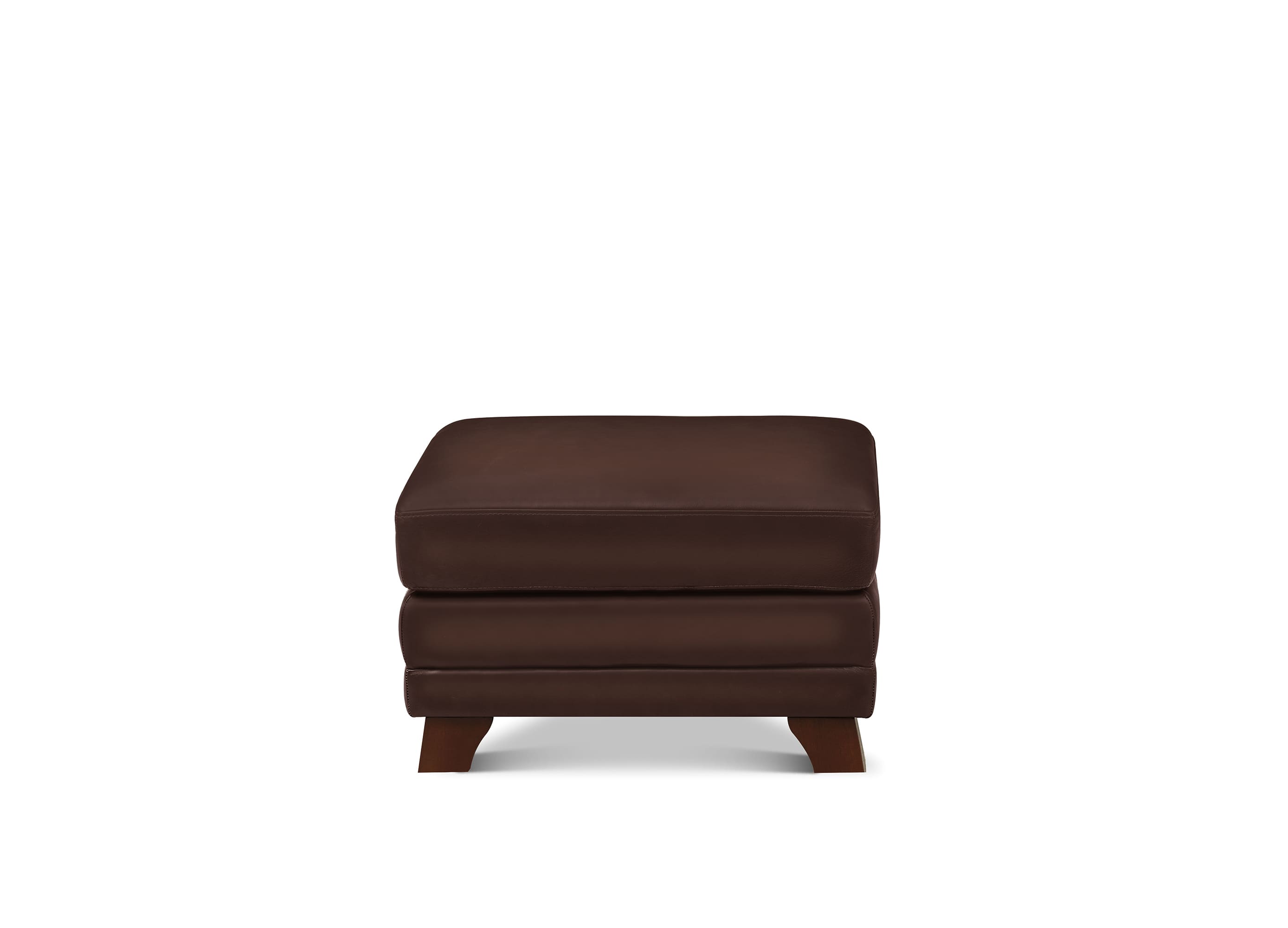 A dark brown upholstered ottoman with a square shape and short wooden legs, shown against a plain white background.
