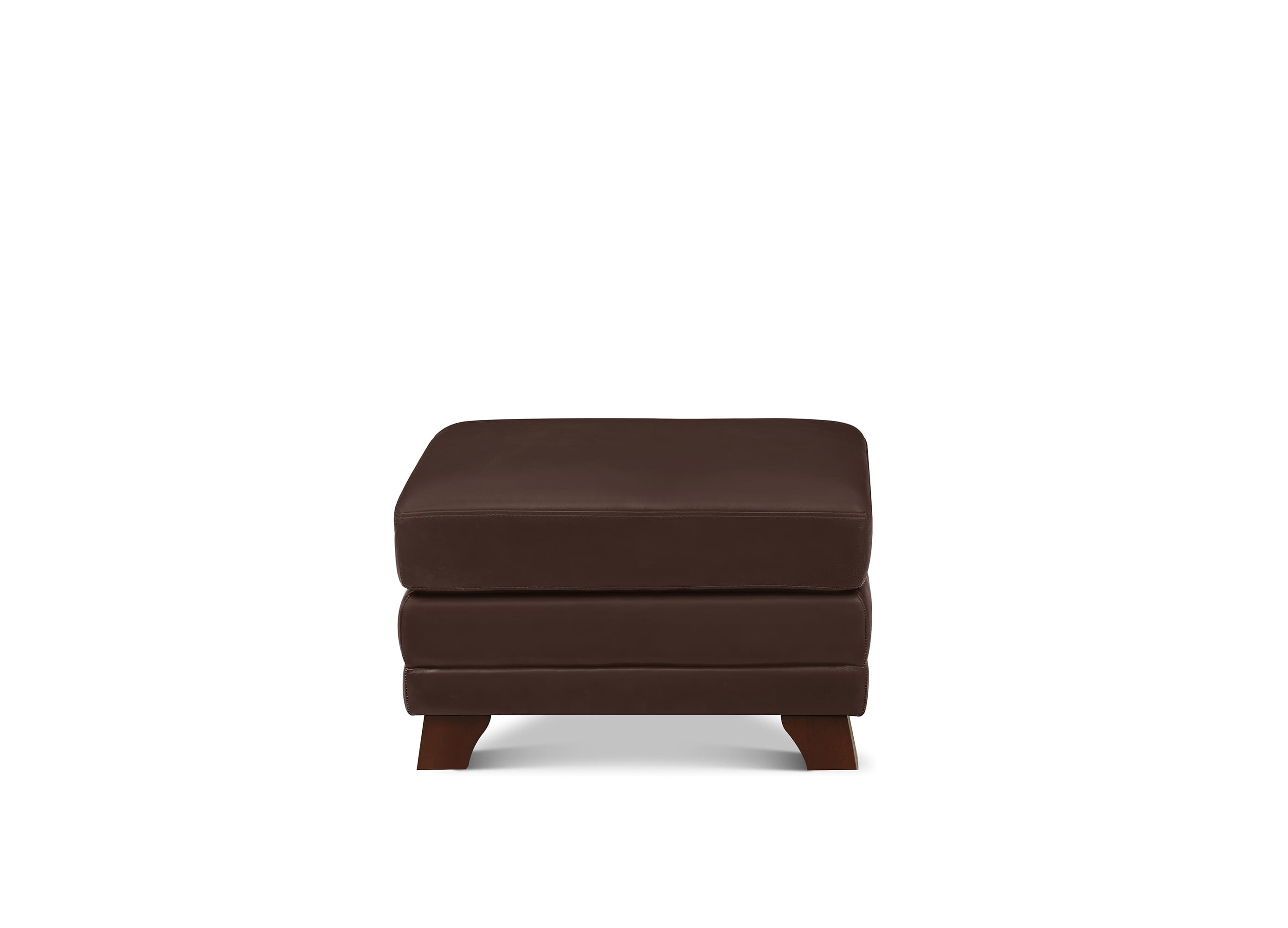 A dark brown upholstered ottoman with a square shape and short wooden legs, shown against a plain white background.