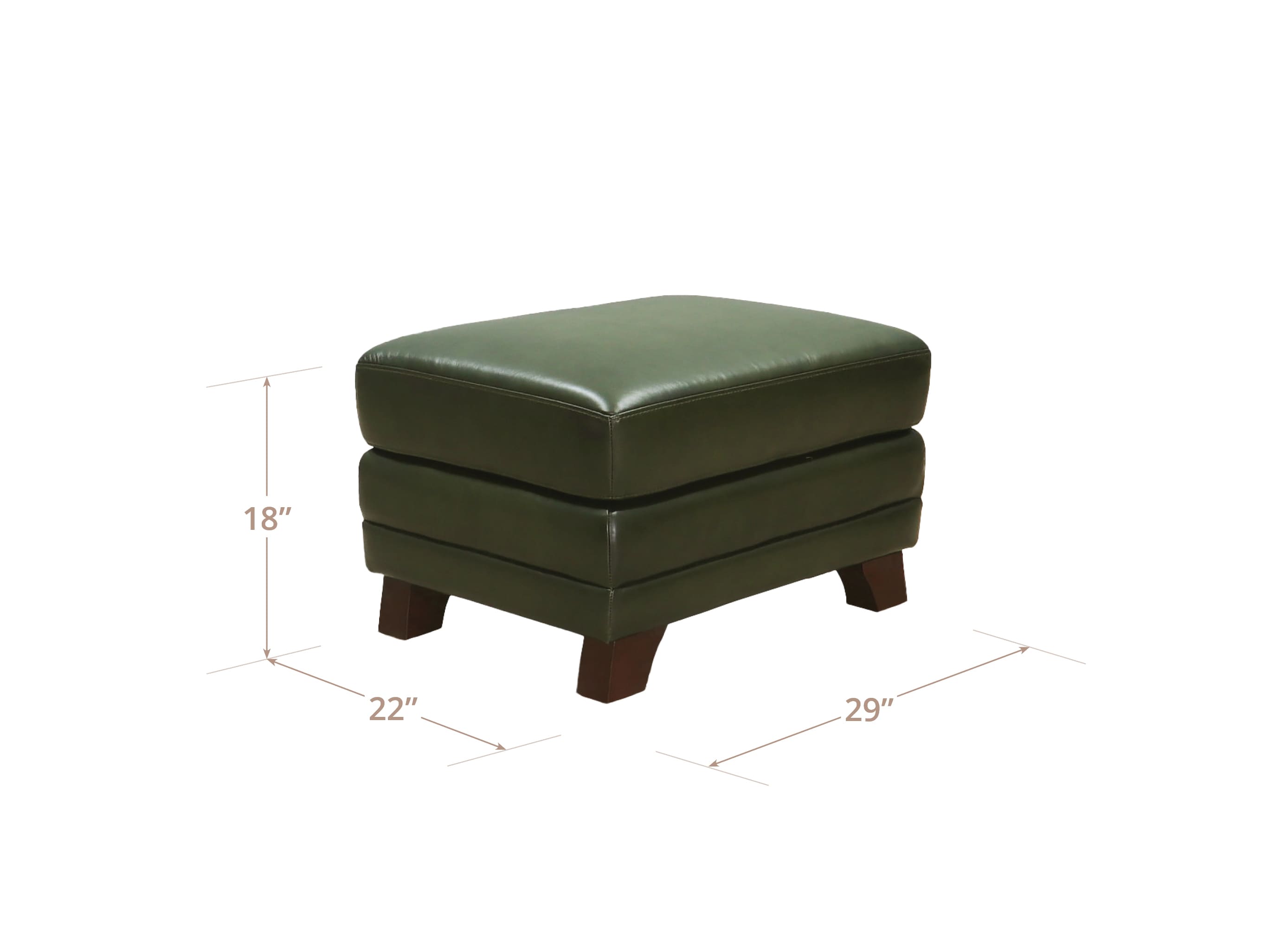 An olive green upholstered ottoman with dark brown wooden legs, shown with dimension lines indicating measurements of 18 inches in height, 22 inches in width, and 29 inches in depth on a white background.