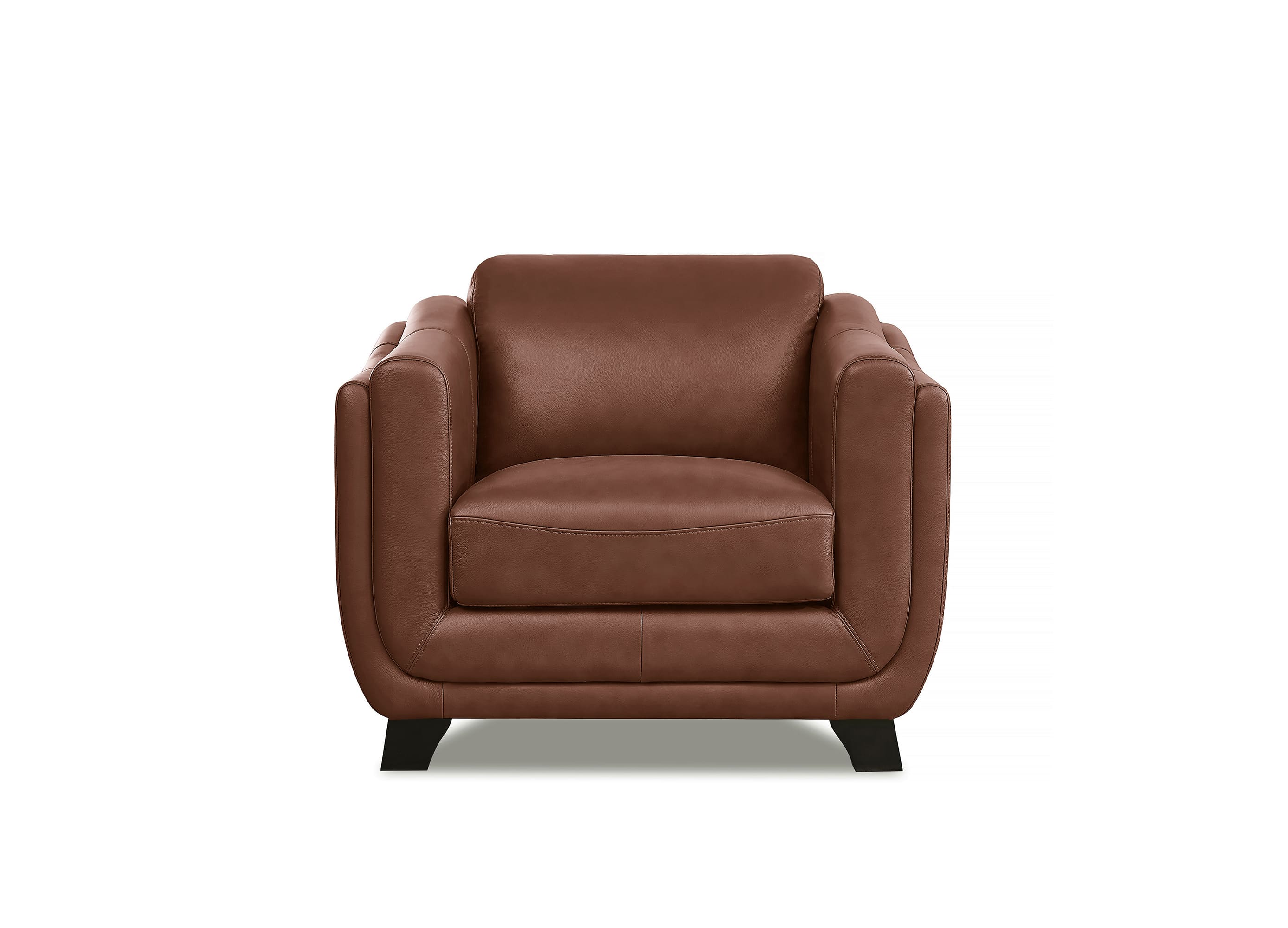 A brown leather armchair with dark legs, photographed from the front against a solid white background.