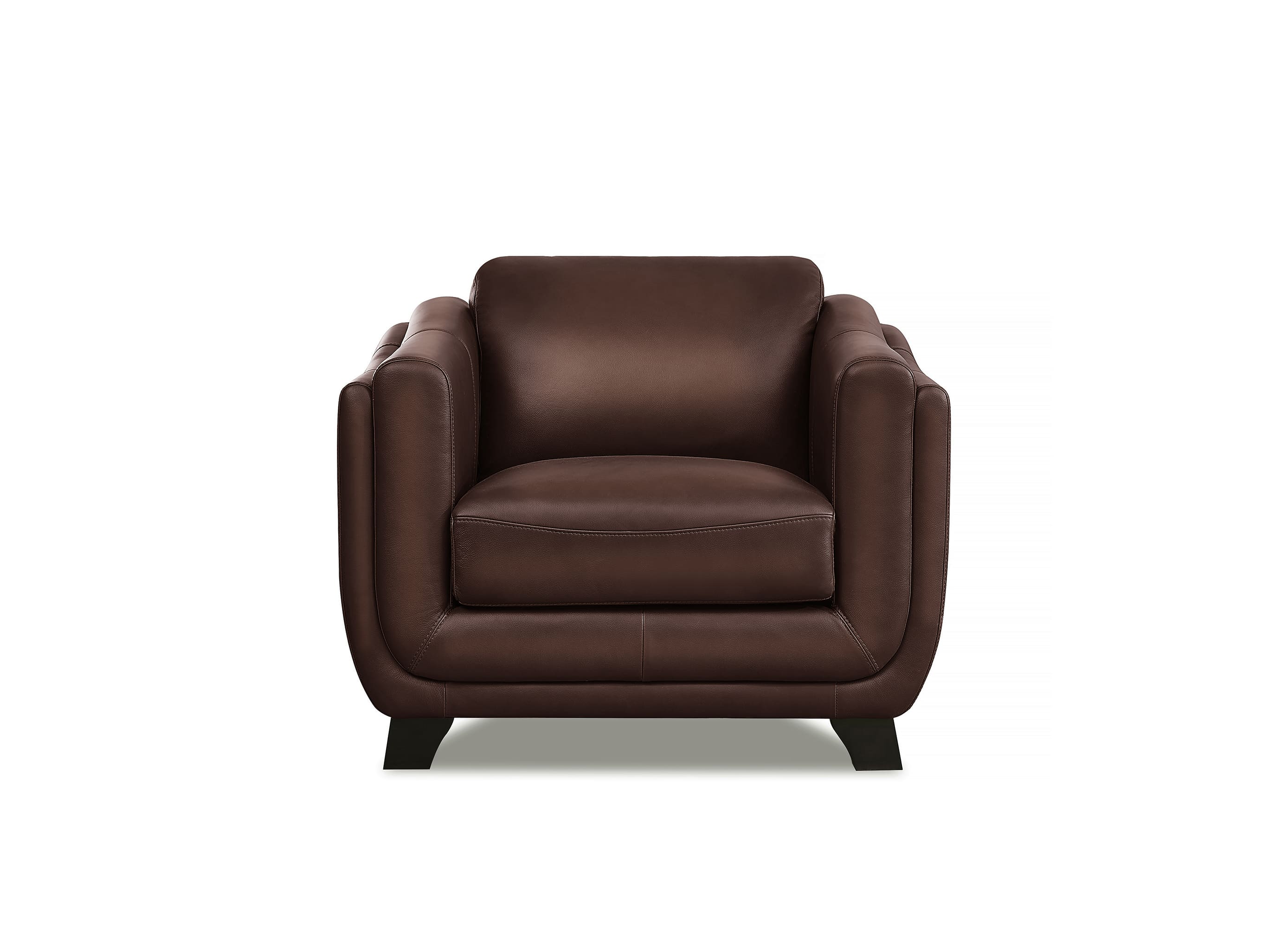 A dark brown leather armchair with a modern rounded silhouette and short black legs, shown against a plain white background.