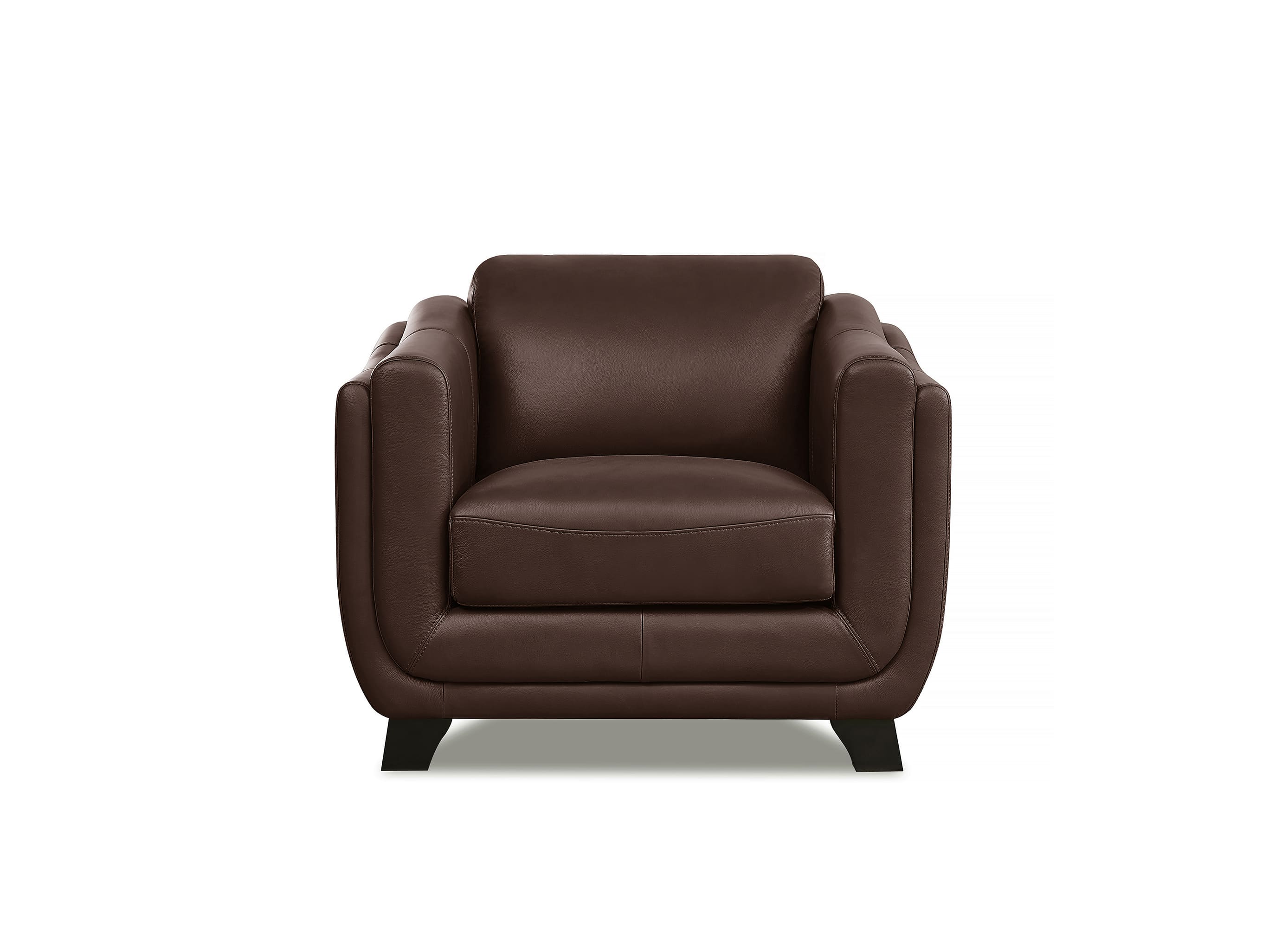 A dark brown leather armchair with a modern rounded silhouette and short black legs, shown against a plain white background.