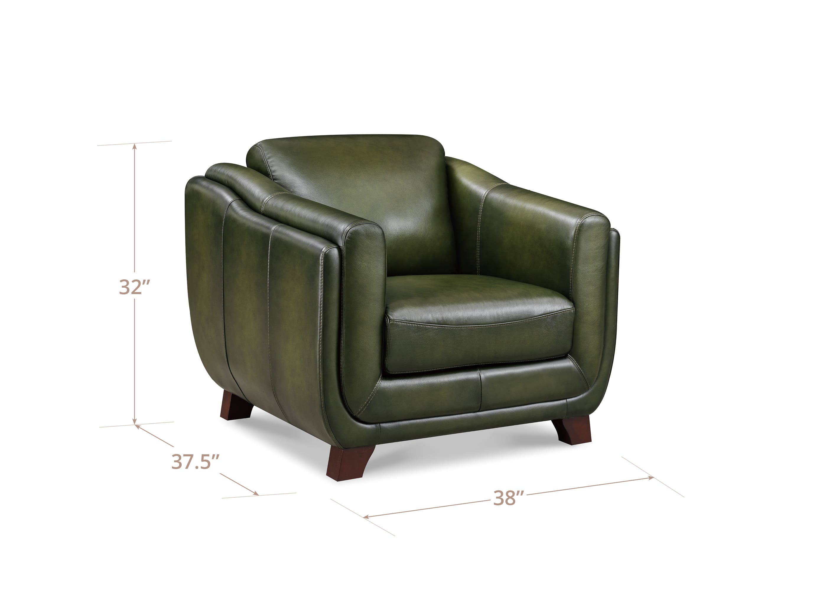Green leather armchair with dimensions on a white background