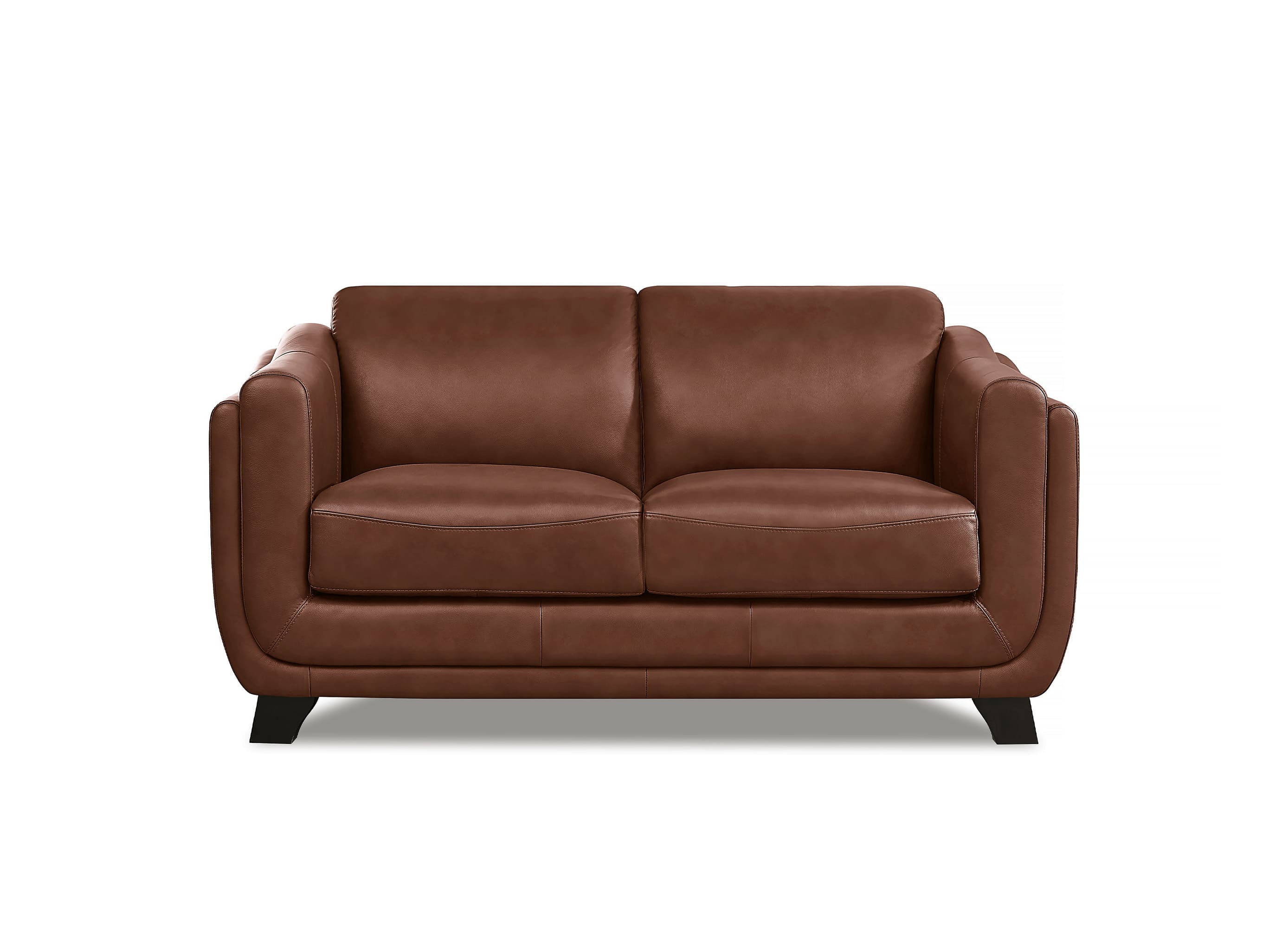 A modern two-seater loveseat sofa upholstered in smooth brown leather, featuring rounded arms and dark tapered legs, shown against a plain white background.