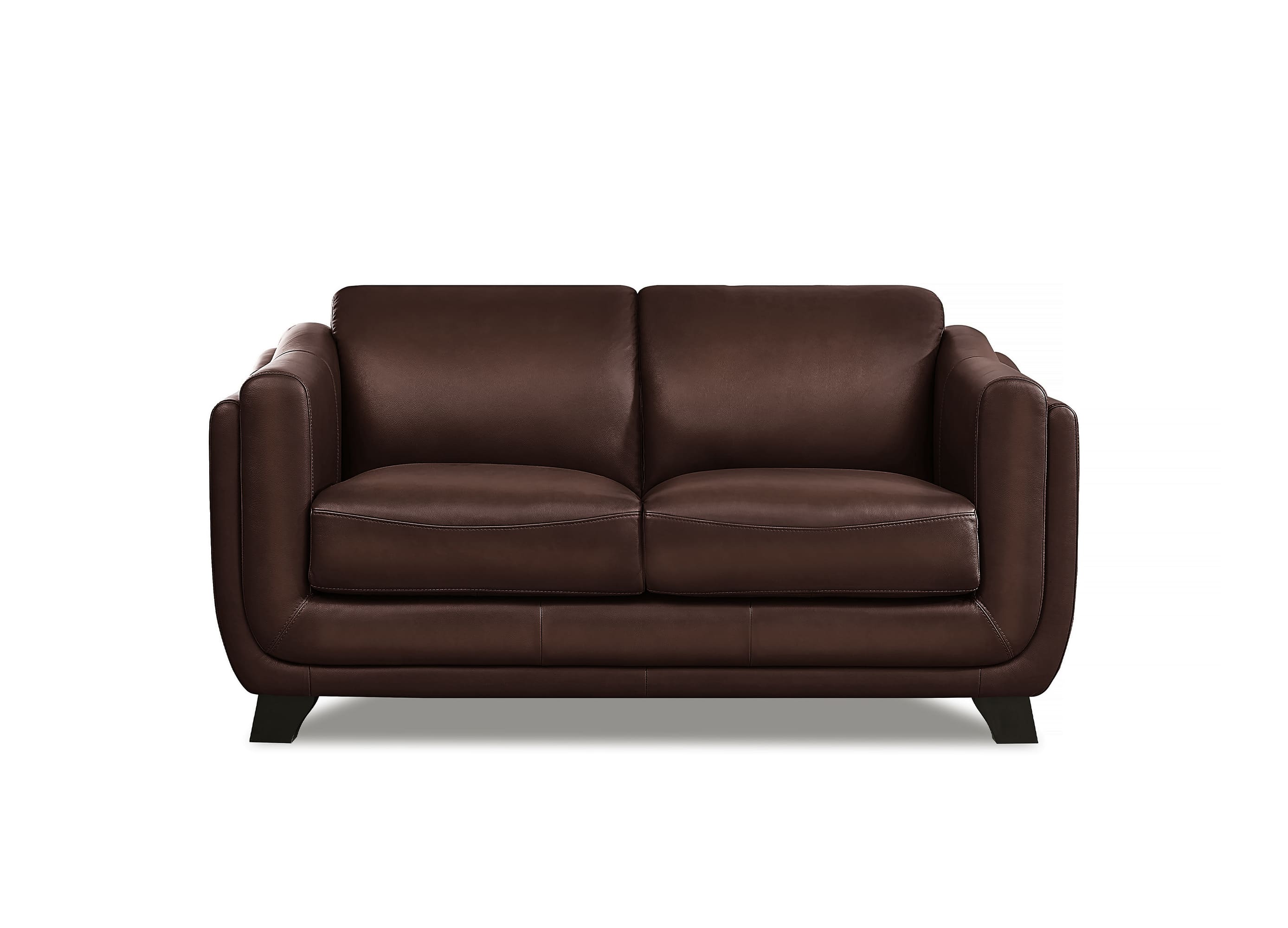 A dark brown leather loveseat sofa with a modern rounded design and short black legs, shown against a plain white background.