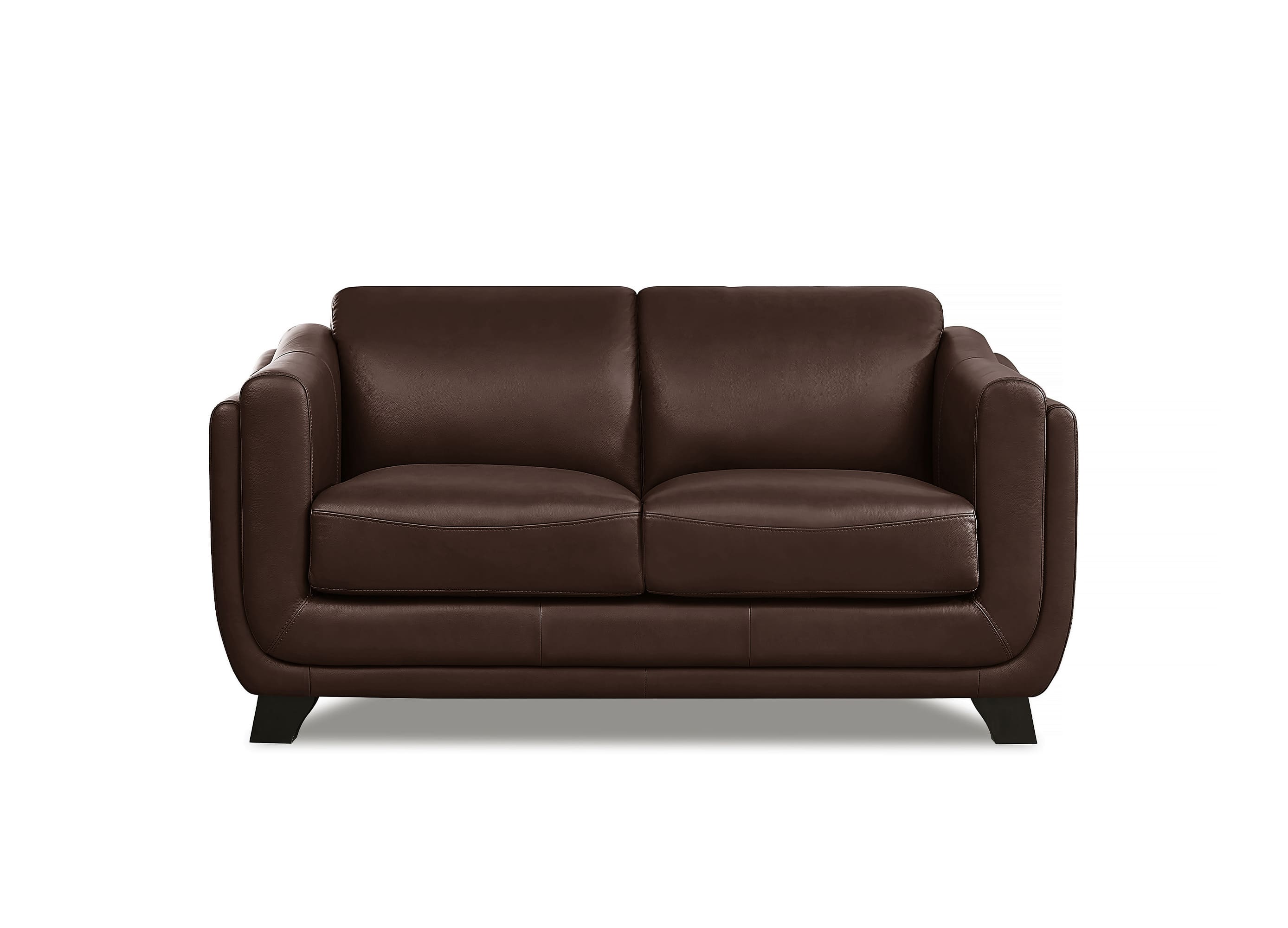 A dark brown leather loveseat sofa with a modern rounded design and short black legs, shown against a plain white background.