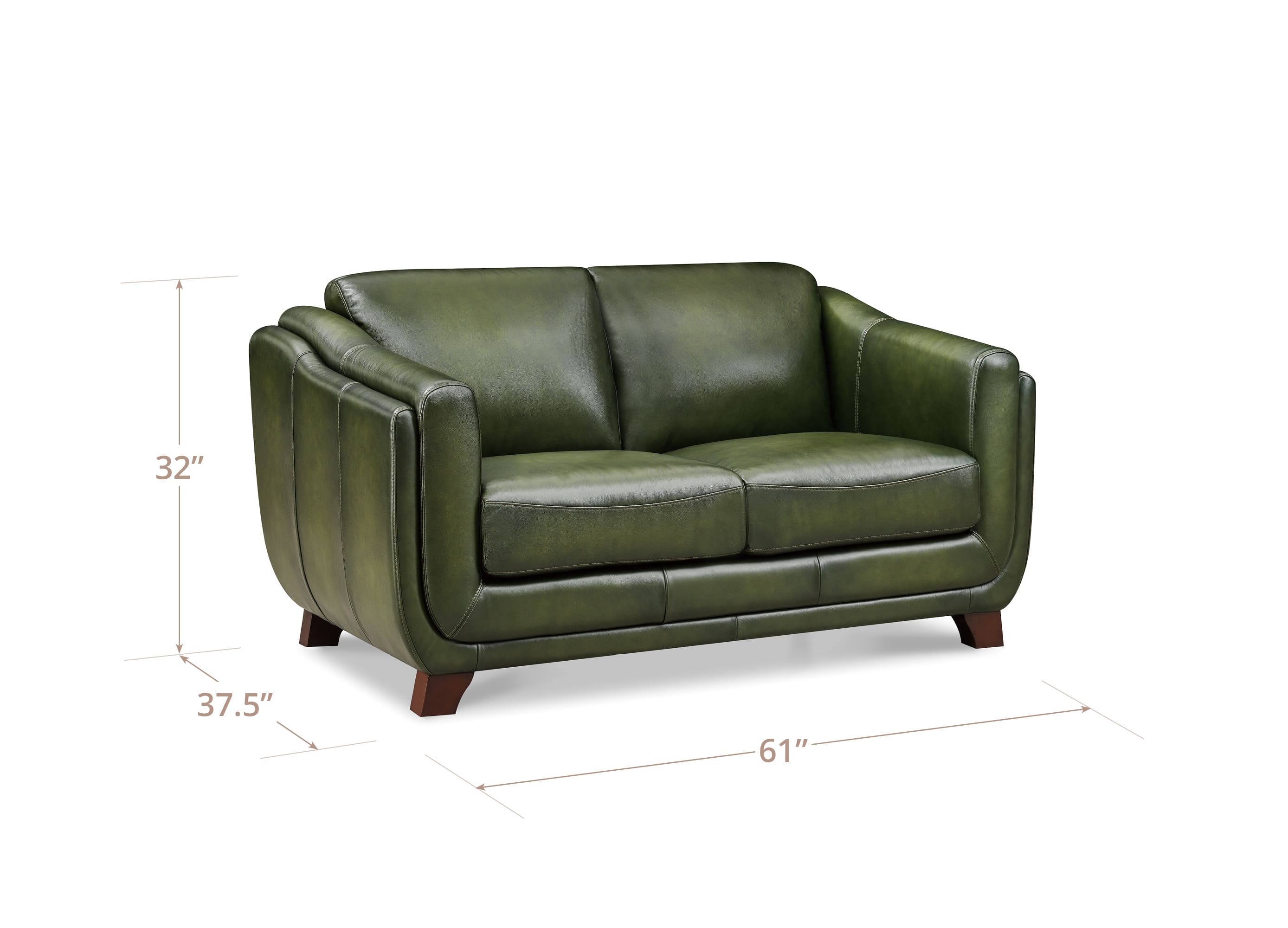 An olive green leather loveseat with dimension lines showing its height of 32 inches, width of 61 inches, and depth of 37.5 inches, on a white background.