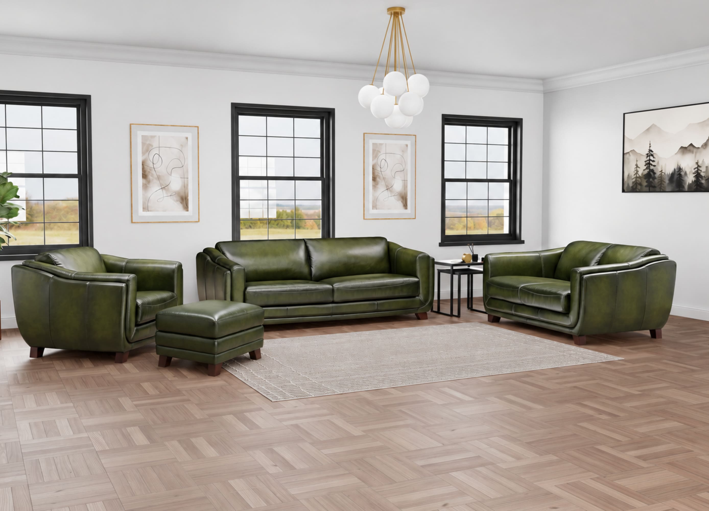 A green leather living room furniture set including a three-seater sofa, two armchairs, and an ottoman, arranged in a bright modern living room with wood floors and large windows.