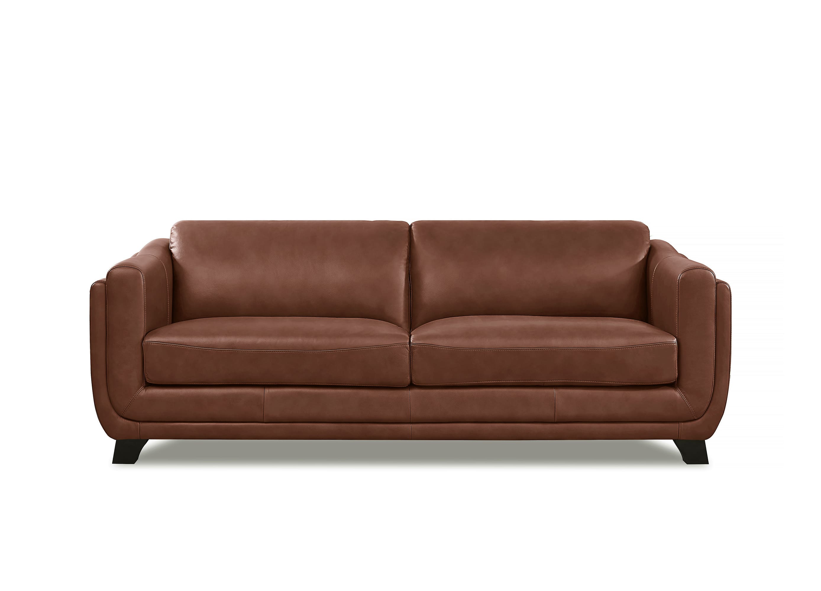 A modern two-seater sofa upholstered in smooth brown leather, shown from a front-facing perspective on a clean white background.
