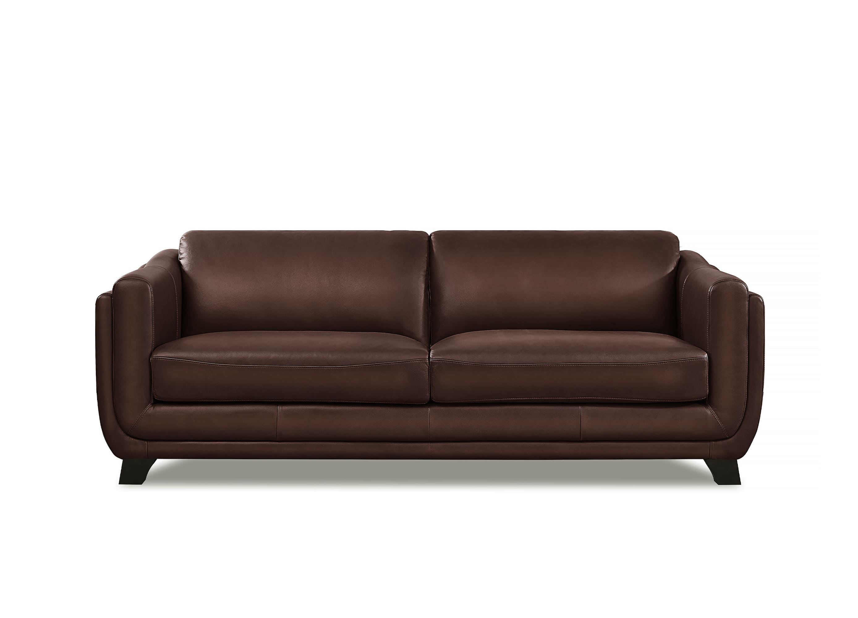 A modern two-seater sofa in dark brown leather, shown from a straight-on perspective against a plain white background.