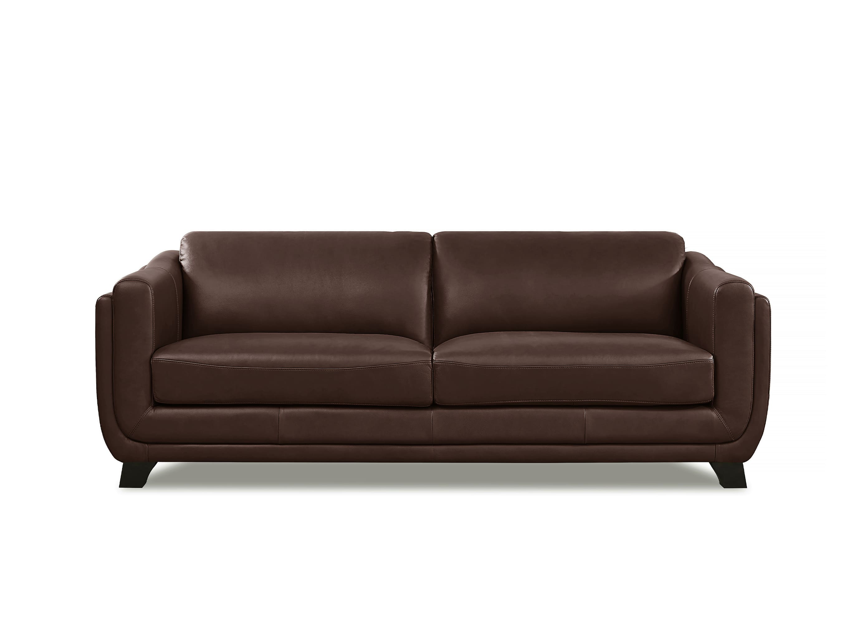 A modern two-seater sofa in dark brown leather, shown from a front-facing perspective against a plain white background.