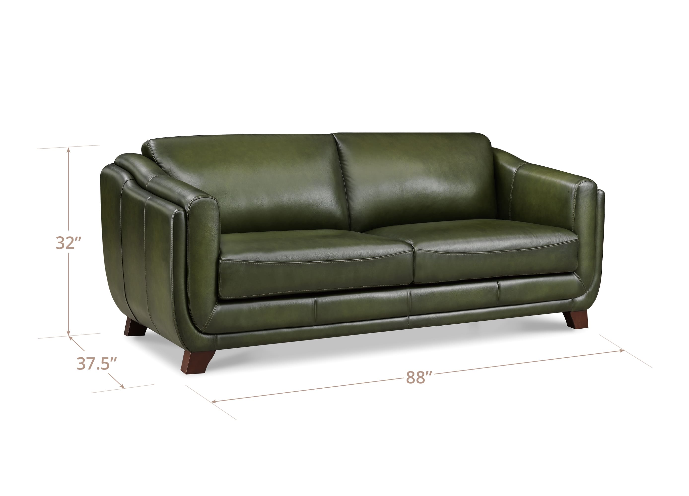 An olive green leather loveseat sofa with dimension lines showing its height of 32 inches, width of 88 inches, and depth of 37.5 inches on a white background.