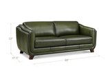 An olive green leather loveseat sofa with dimension lines showing its height of 32 inches, width of 88 inches, and depth of 37.5 inches on a white background.
