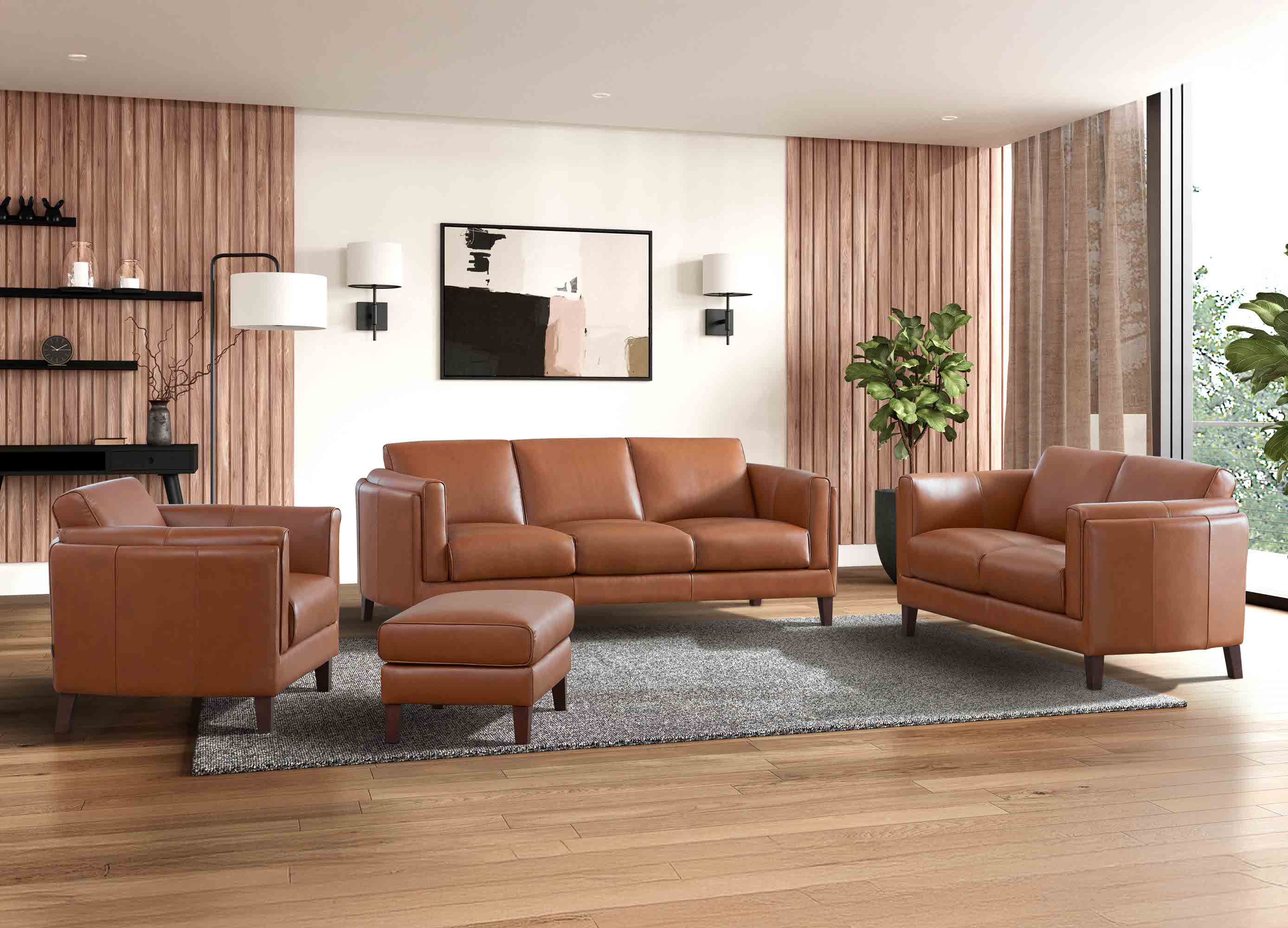 Brown leather sofa set in a modern living room with wooden floor and large windows.