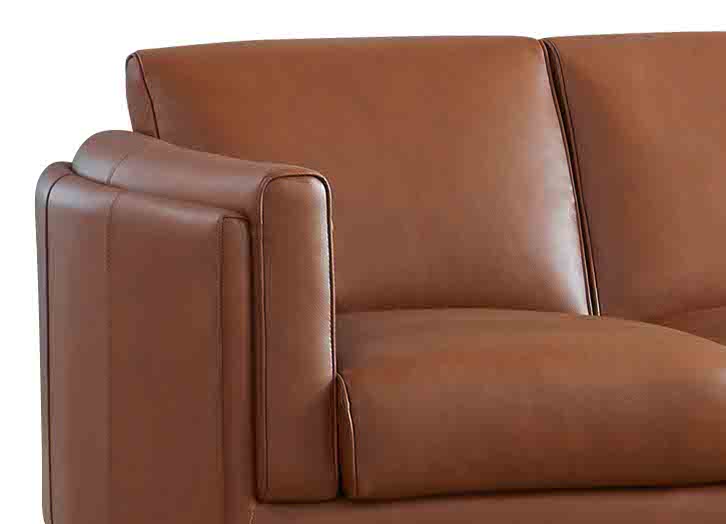 Brown leather sofa with a close-up of the armrest on a white background