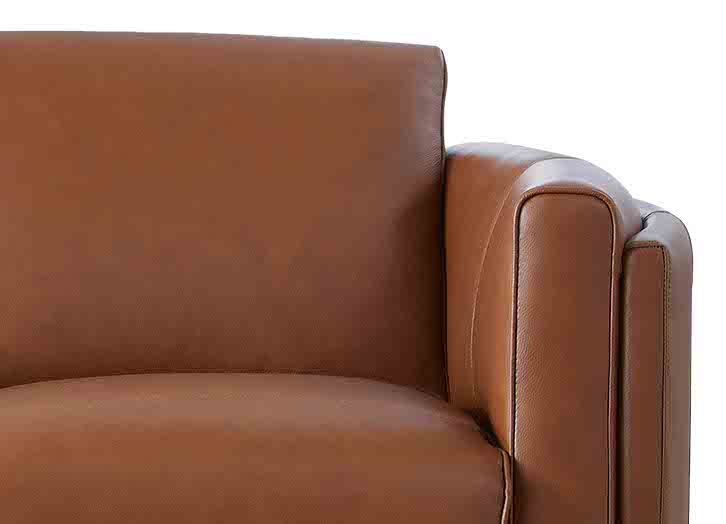 Close-up of a brown leather armchair with a white cushion.