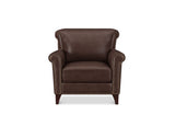 A classic brown leather armchair with rolled arms, nailhead trim, and dark wooden legs, shown against a plain white background.