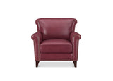 A classic wingback armchair upholstered in deep burgundy leather with dark wood legs and silver nailhead trim, shown against a plain white background.