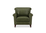 An olive green leather armchair with rolled arms, nailhead trim, and dark wood legs, shown against a plain white background.